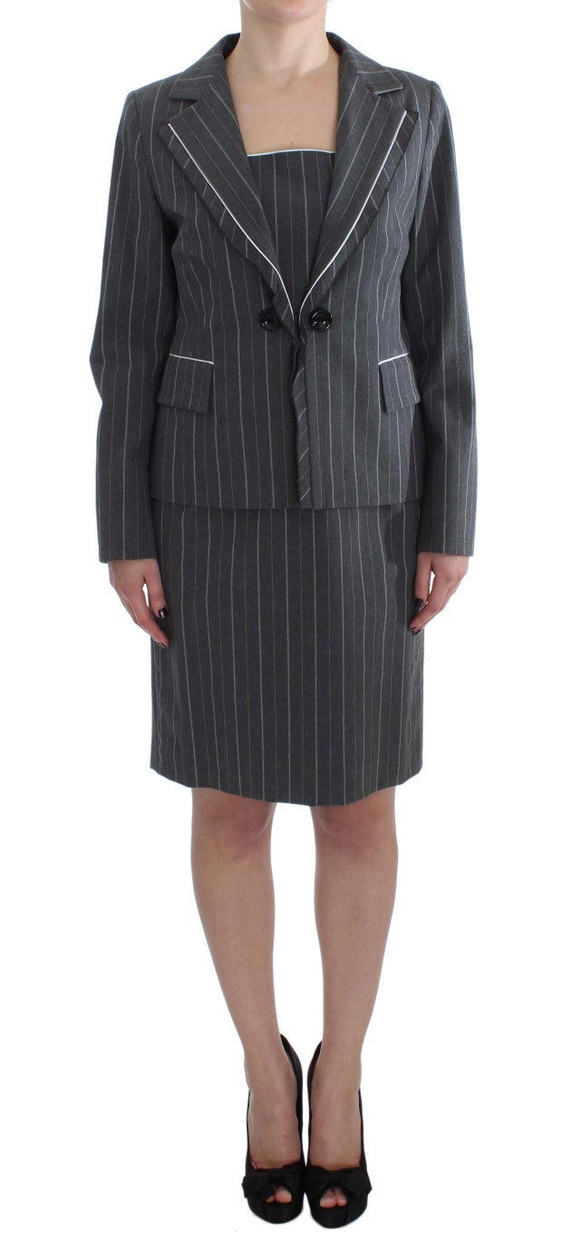 Elegantes graues gestreiftes Kleid & Blazer Anzug Set