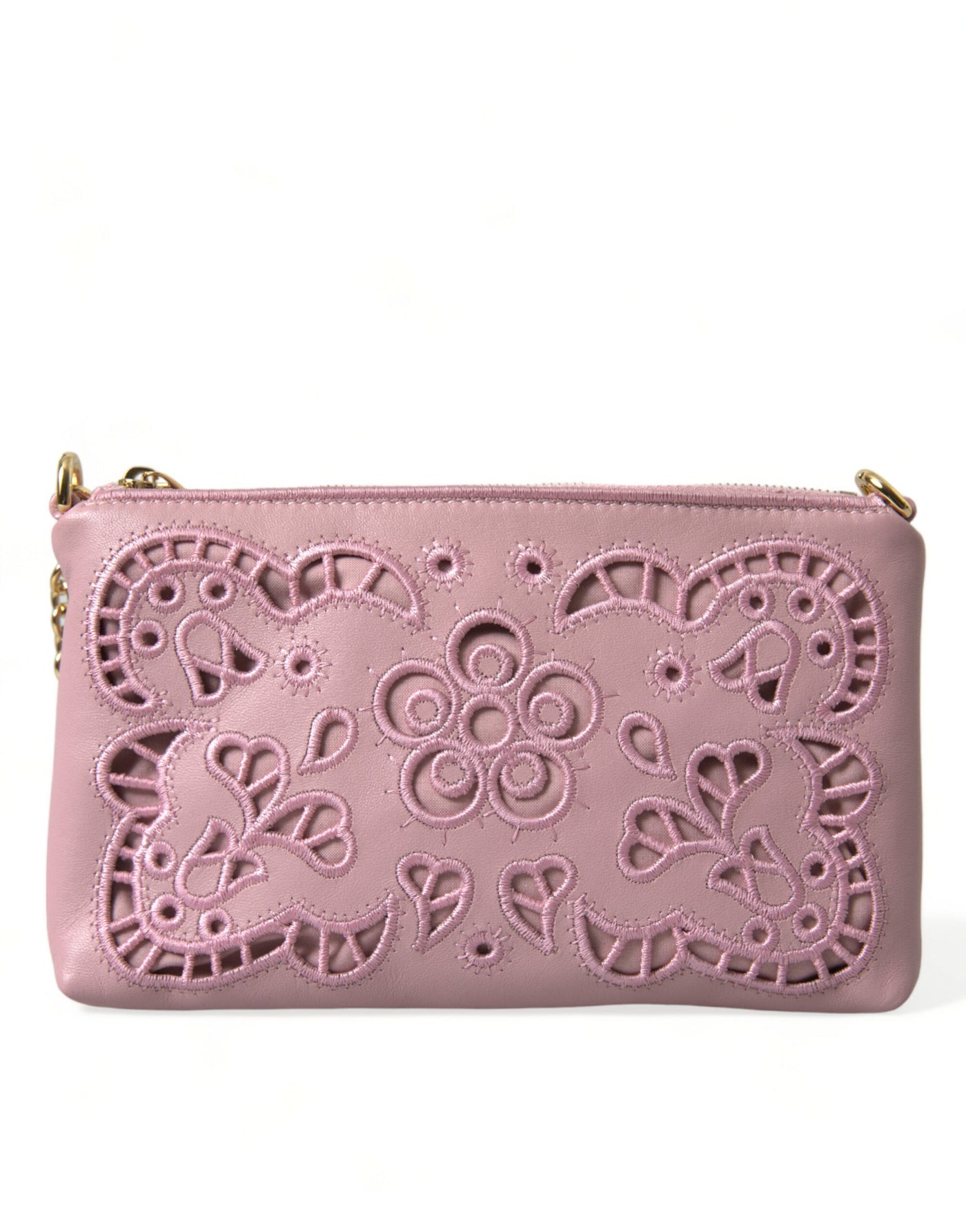 Elegante rosa Lederbeutel-Clutch mit Blumenstickerei