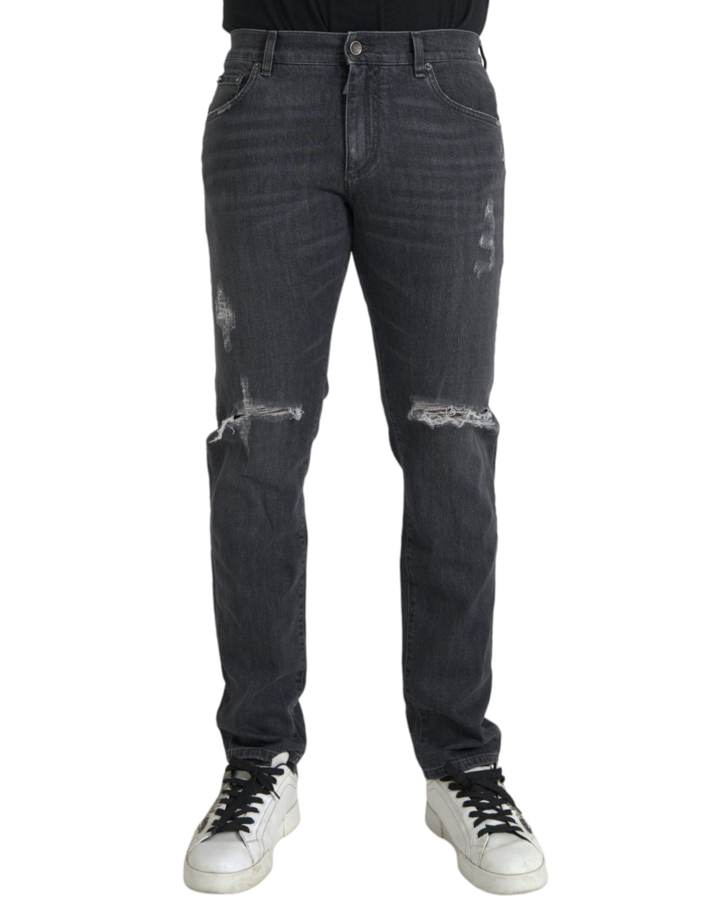 Graue Slim Fit Logo-Plakette Baumwolle Denim Jeans