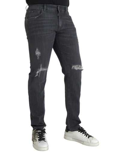 Graue Slim Fit Logo-Plakette Baumwolle Denim Jeans