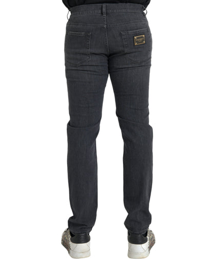 Graue Slim Fit Logo-Plakette Baumwolle Denim Jeans