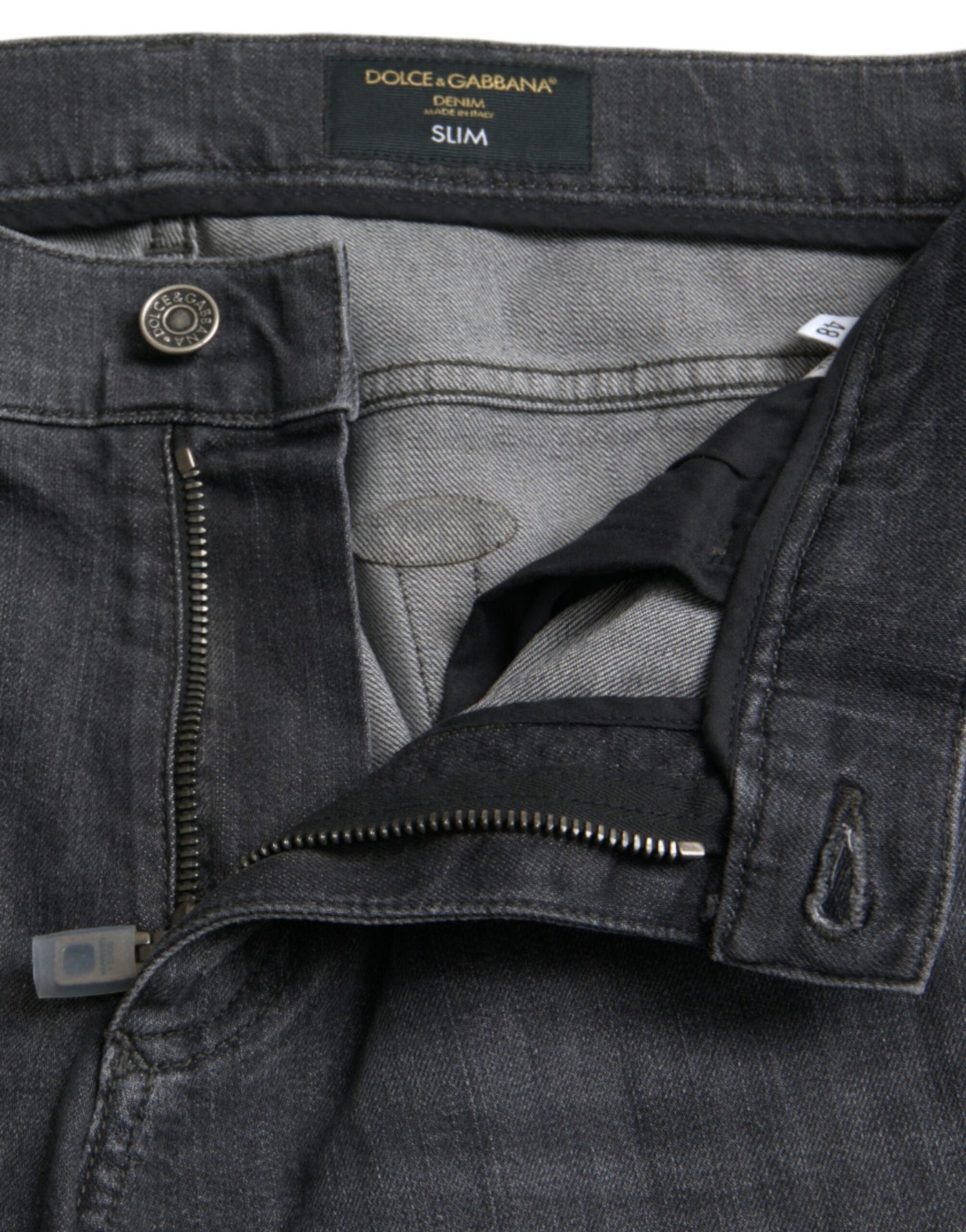 Graue Slim Fit Logo-Plakette Baumwolle Denim Jeans