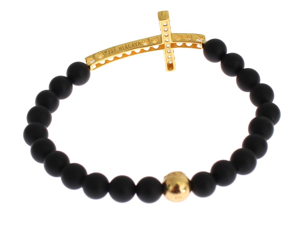 Chic Matte Onyx Perle & CZ Diamant Kreuz-Armband