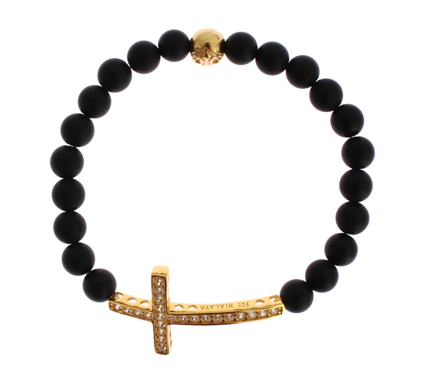 Chic Matte Onyx Perle & CZ Diamant Kreuz-Armband