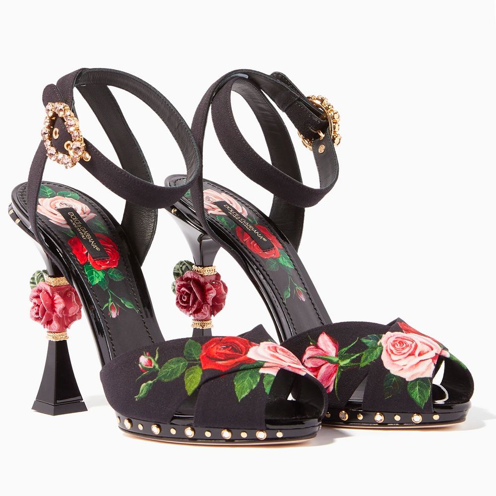 Elegante Sandalen aus schwarzem Kalbsleder mit Blumenmuster