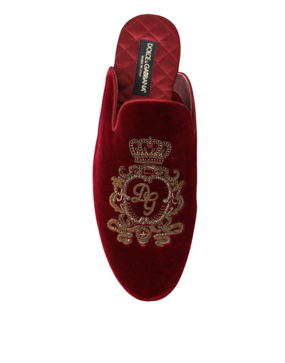 Bordeaux Samt Gold Krone Stickerei Pantoletten Schuhe