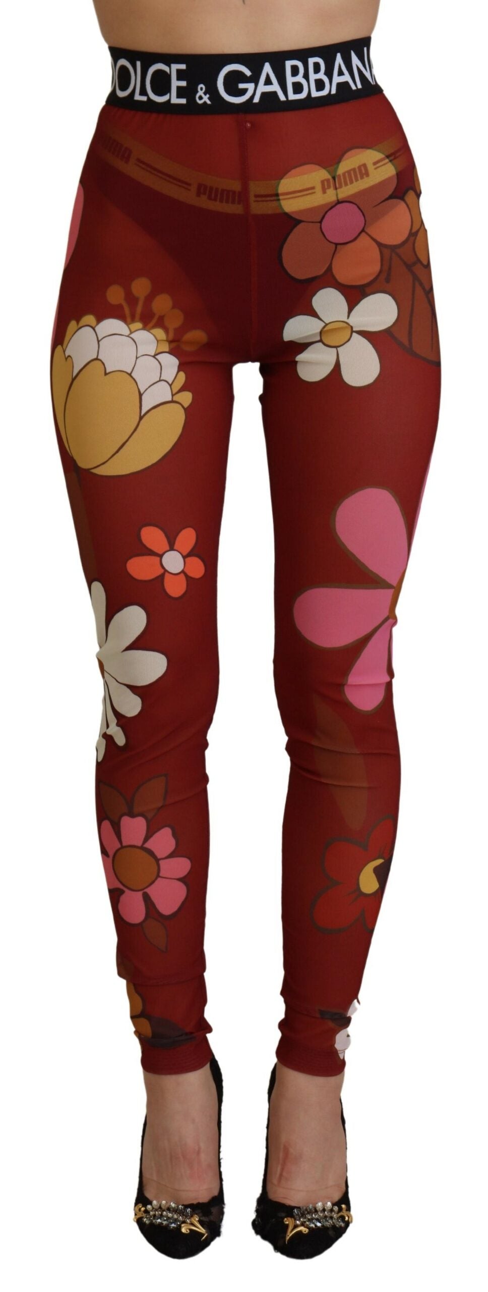 Rote Leggings mit Blumenmuster und hoher Taille