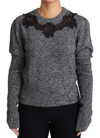 Eleganter Pullover aus grauem Kaschmir mit Spitzenbesatz