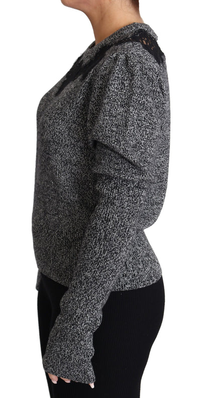 Eleganter Pullover aus grauem Kaschmir mit Spitzenbesatz