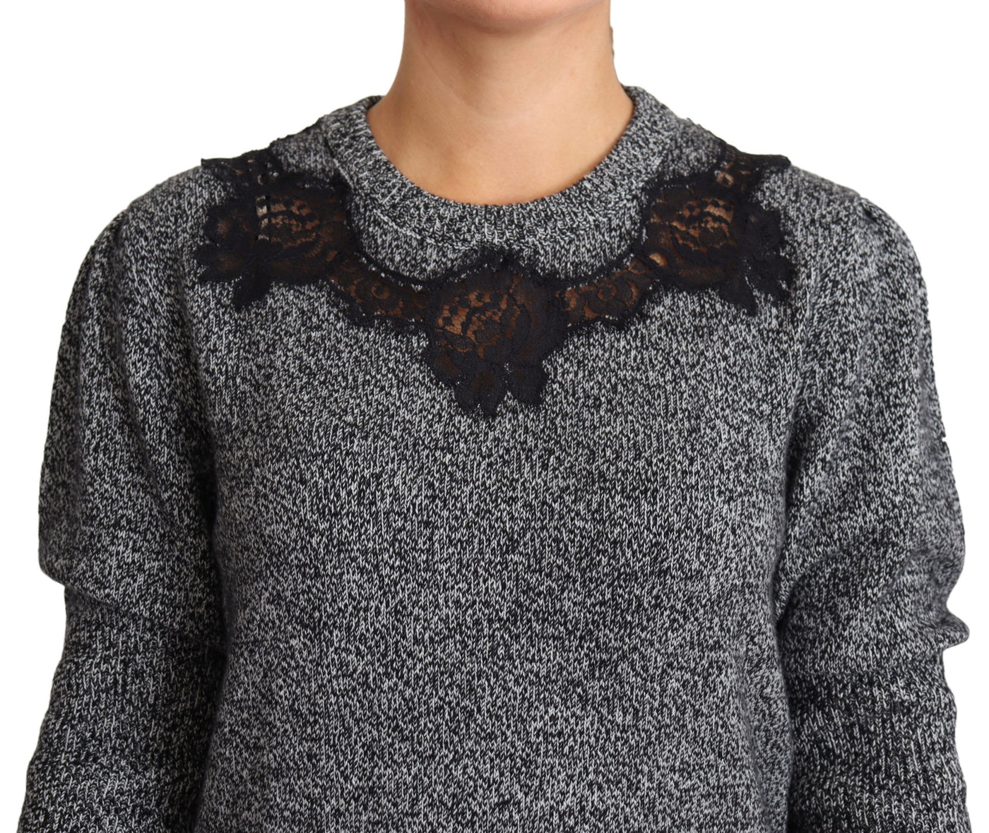 Eleganter Pullover aus grauem Kaschmir mit Spitzenbesatz