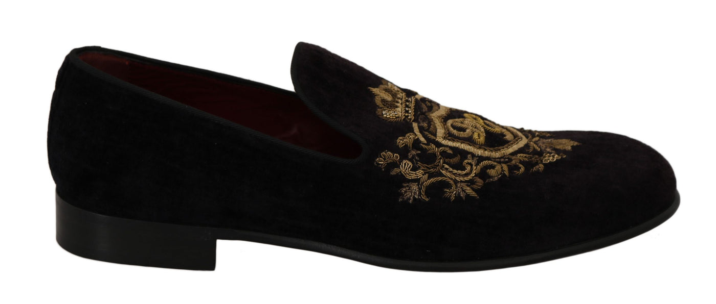 Elegante schwarze Loafers mit Goldkronen-Stickerei