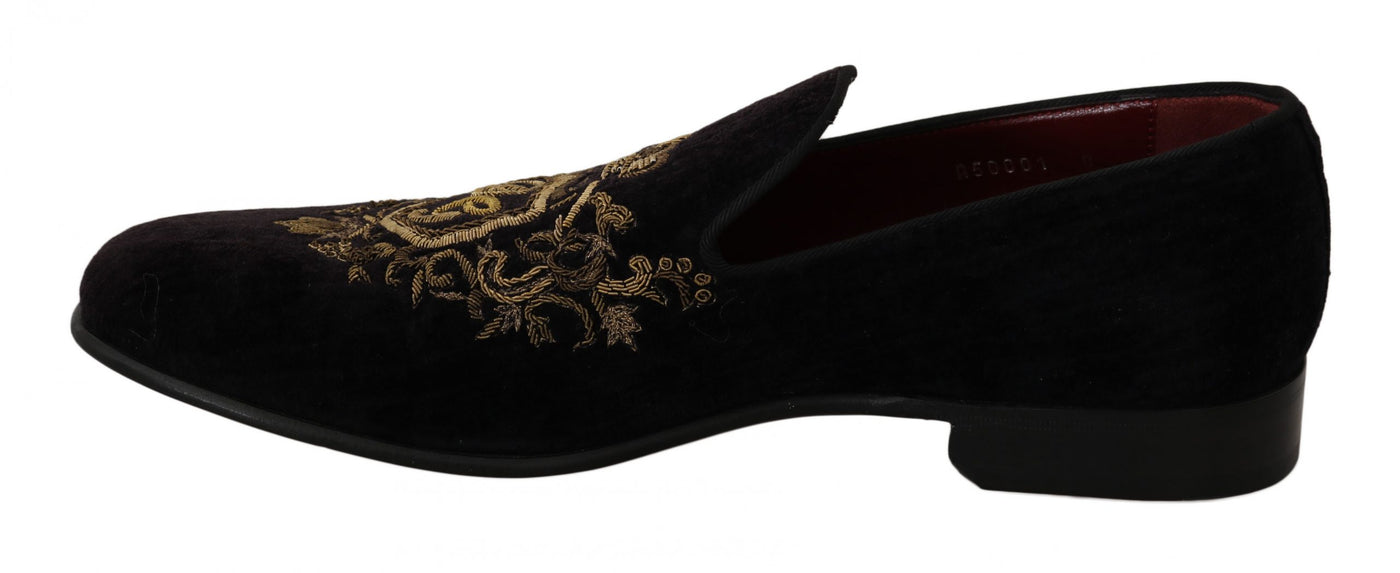 Elegante schwarze Loafers mit Goldkronen-Stickerei