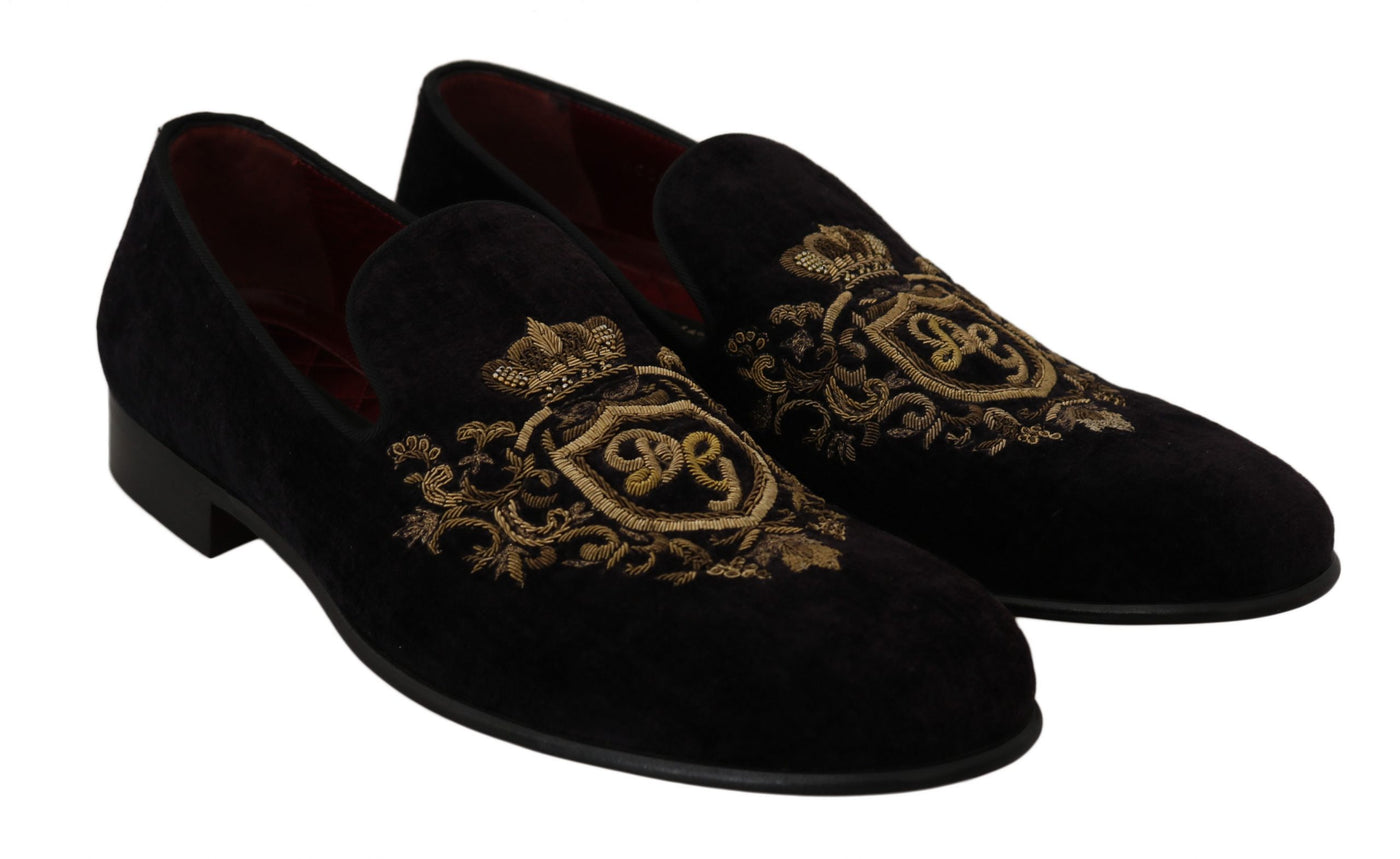 Elegante schwarze Loafers mit Goldkronen-Stickerei