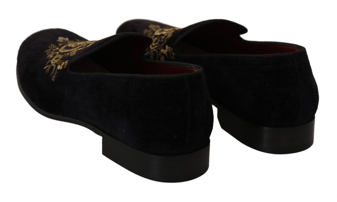 Elegante schwarze Loafers mit Goldkronen-Stickerei