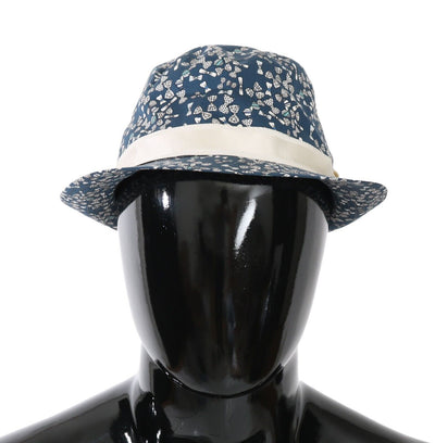 Eleganter Fedora-Hut mit Schleifenmuster in Blau und Weiß