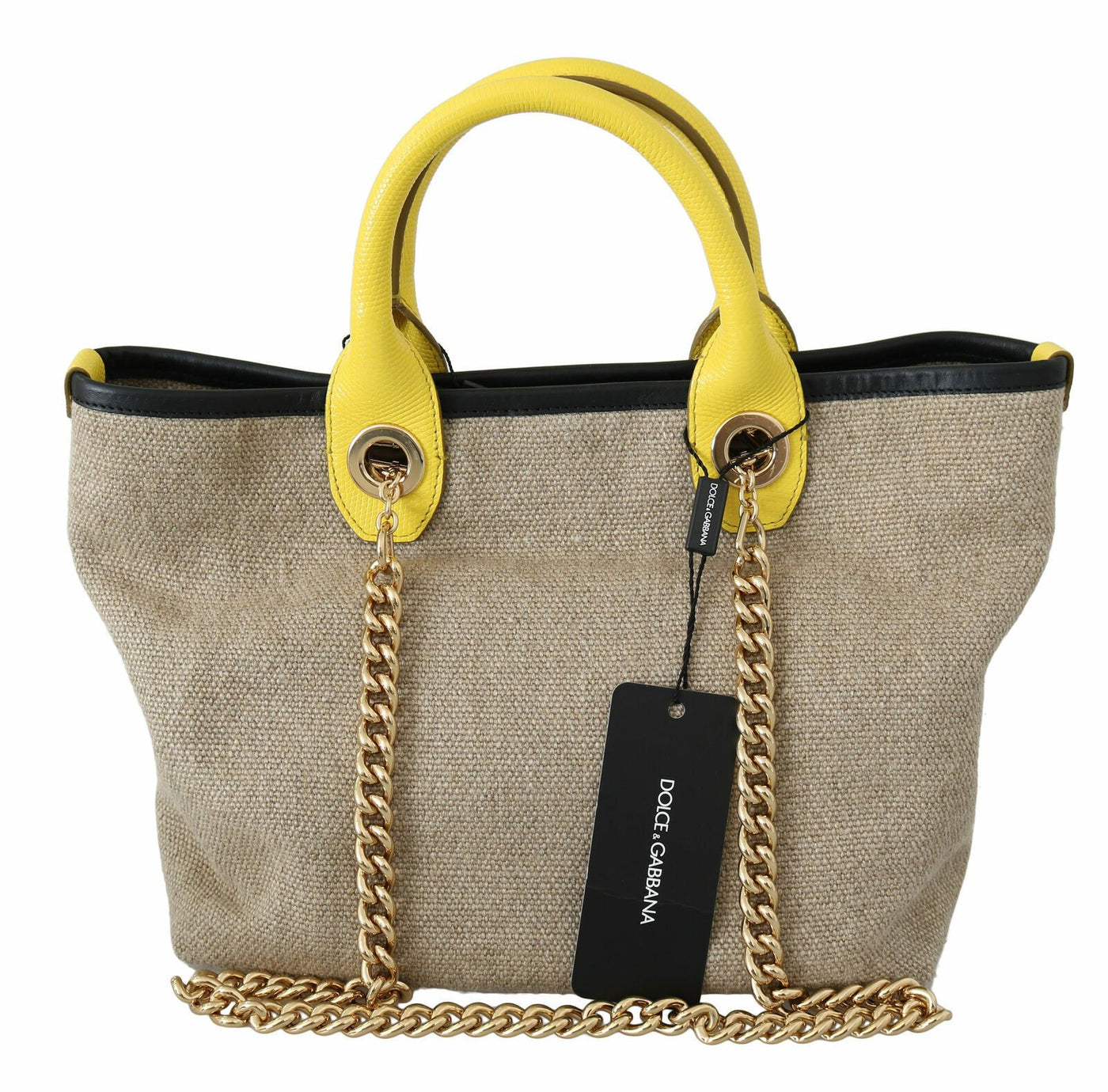 Beigefarbene Leinen-Calf-Tasche mit Goldkette