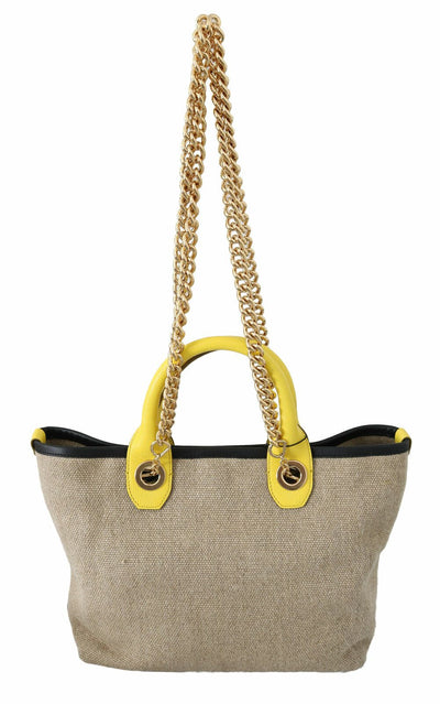 Beigefarbene Leinen-Calf-Tasche mit Goldkette