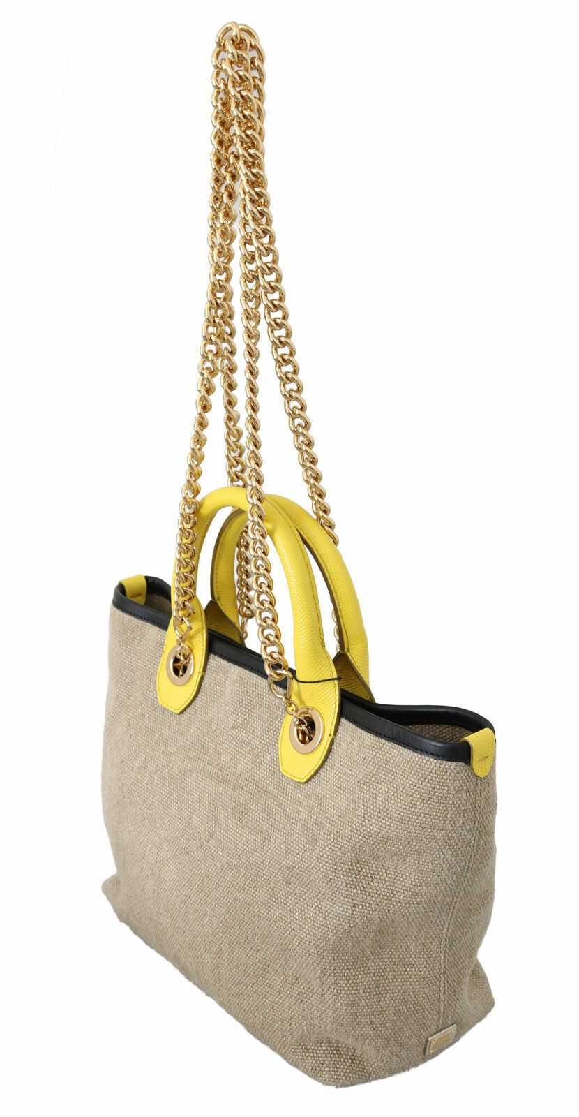 Beigefarbene Leinen-Calf-Tasche mit Goldkette