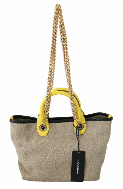 Beigefarbene Leinen-Calf-Tasche mit Goldkette